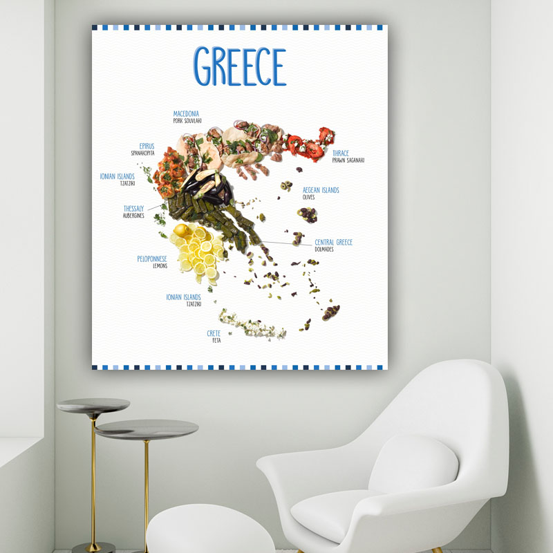 Πίνακας σε καμβά Χάρτης Ελλάδα με Φαγητά 